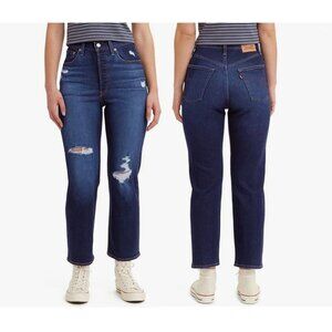 Women's Levi's Ribcage Straight Leg Ankle Jeans Denim Dark Wash Distressed 27